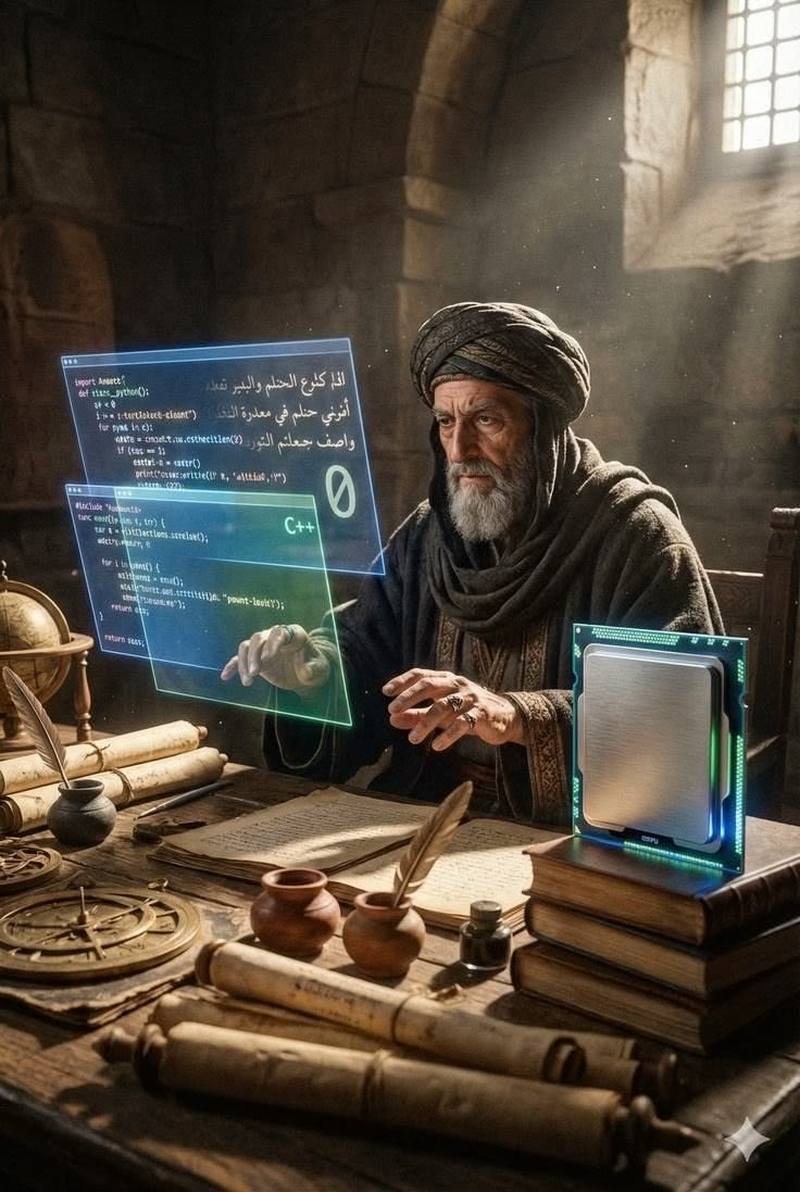 شيخٌ يعمل على شاشات برمجية ضوئية فوق مخطوطات قديمة